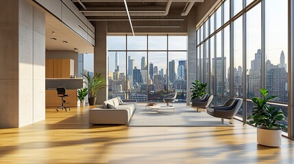 A modern, empty office with floor-to-ceiling windows offering a clear view of the cityscape, sleek polished flooring, and minimalist decor 