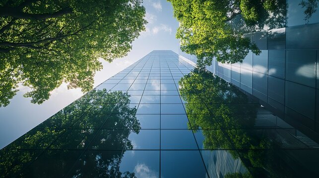 A modern eco-friendly building featuring tree-lined walkways, reflective glass panels, and vertical gardens, embodying the concept of reducing carbon emissions in the city 