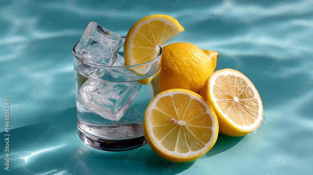 Poster glass of water with ice cubes and a lemon slice in it. the lemon slices are cut in half and are plac