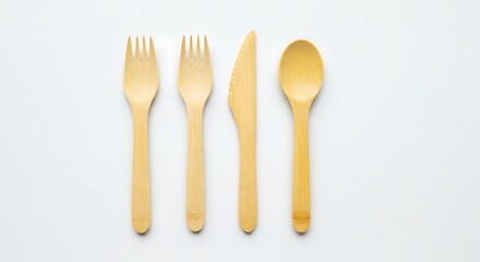 Wooden cutlery set fork knife spoon eco friendly biodegradable disposable tableware sustainable kitchenware on transparent background