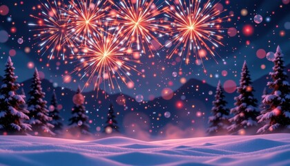 create a surreal image featuring a sparkling new years eve fireworks display over a flag of lithuania during christmas