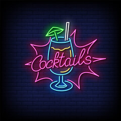 cocktails neon sign with brick wall background vector