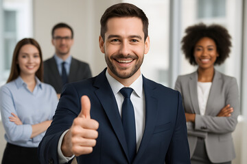 Confident Business Leader: A charismatic businessman gives a thumbs-up, standing confidently with a diverse team of colleagues in the background.  The image exudes success, collaboration, and trust.