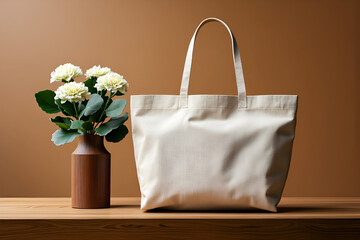 Elegant beige canvas tote bag with hydrangea flowers in ceramic vase on wooden table, minimalist brown background.

