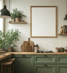 Modern kitchen interior with green cabinetry, wooden elements, and empty frame for artwork in a cozy, inviting setting