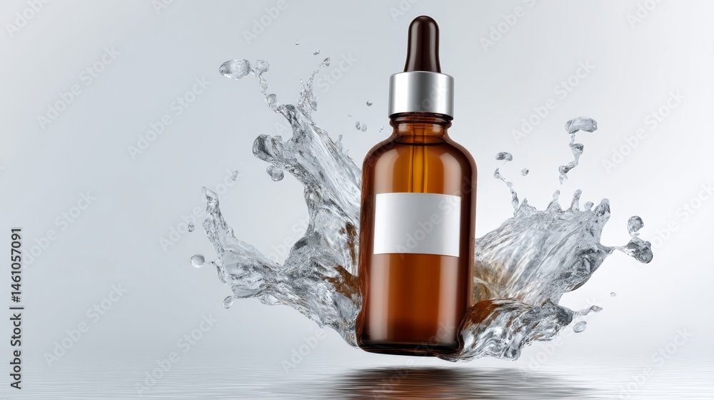 Poster bottle of perfume is floating in a splash of water. the bottle is brown and has a white label. the w
