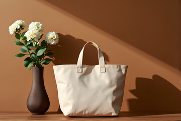 Minimalist beige tote bag with flowers in vase on brown background, elegant eco-friendly fashion accessory product display concept

