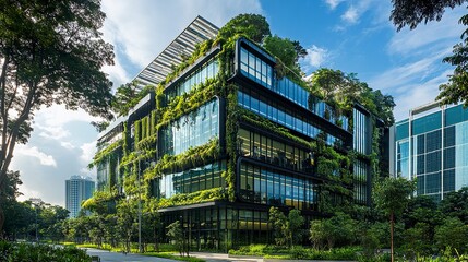 A modern office building with a reflective glass facade, vertical gardens, and tree-lined pathways, blending seamlessly into an eco-conscious urban environment 