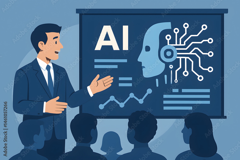 Poster ai presentation: a professional presenter delivers an engaging lecture on the topic of artificial in
