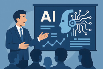 AI Presentation: A professional presenter delivers an engaging lecture on the topic of Artificial Intelligence, using a projection screen to educate a captivated audience of diverse listeners. 