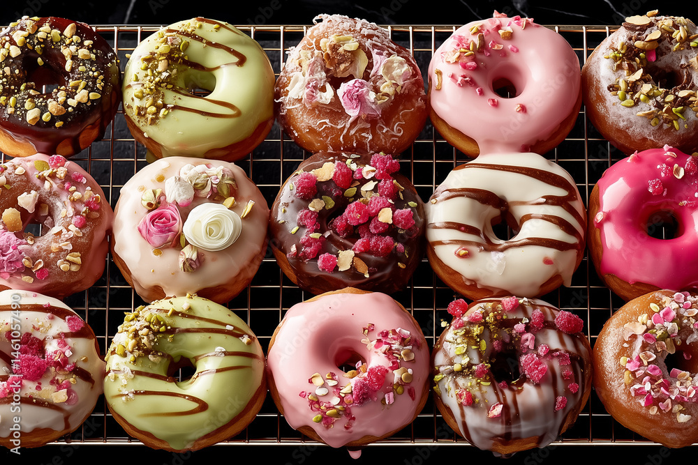 Aufkleber array of gourmet donuts with colorful glazes displayed on wire rack. top-down view captures vibrant 