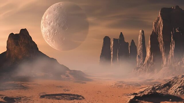 Otherworldly Landscape Featuring a Large Moon Digital Rendered Voxel Art