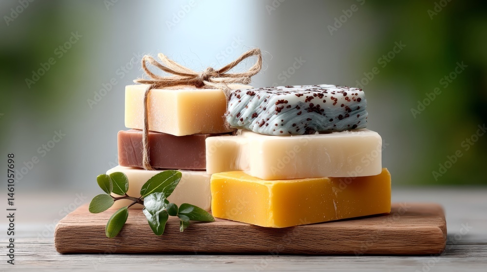 Poster stack of soaps with a green leaf on top. the soaps are in different colors and sizes