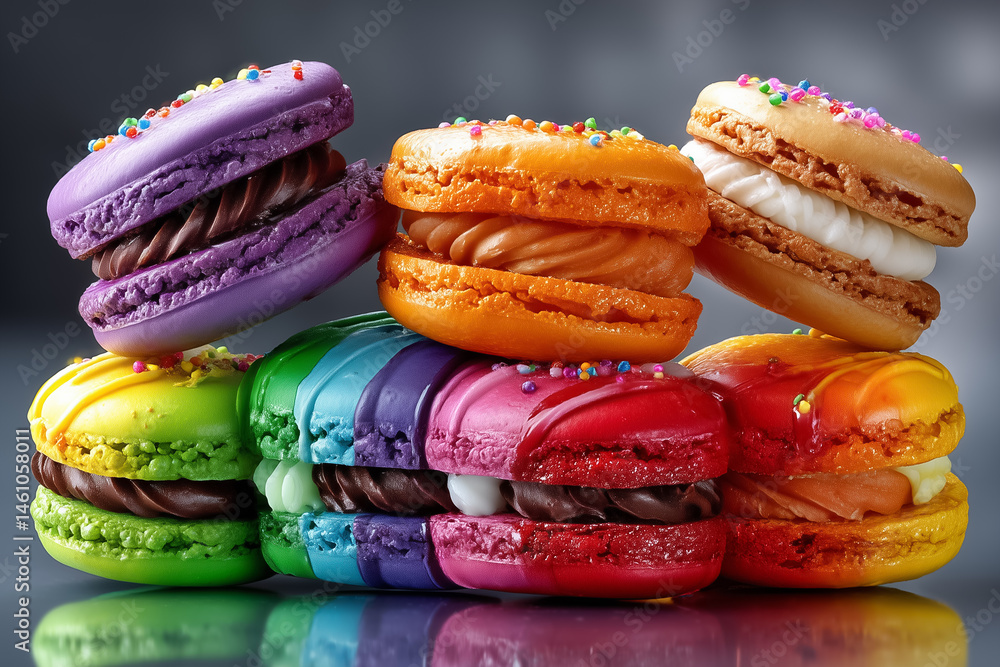 Poster macro view of rainbow macarons stacked diagonally demonstrating vivid colors and textures. reflectio