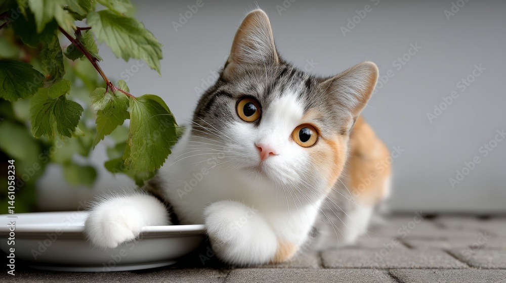 Poster cat is laying on a white plate with its paws on it. the cat is looking at the camera with a curious 
