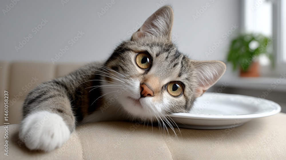 Poster cat is laying on a couch with its head turned to the side. the cat is looking at the camera and he i