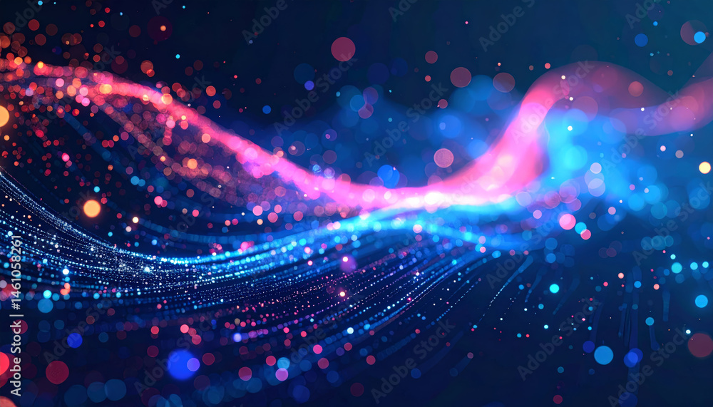 Aufkleber vibrant digital data stream with colorful lights and bokeh effects against dark blue abstract backgr