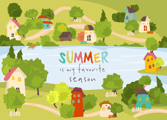 Fototapeta premium Cozy summer countryside village surrounded by a garden and trees