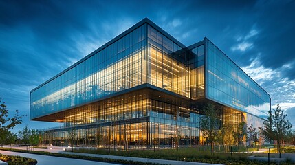 Obraz premium A polished modern building with glass panels and symmetrical windows, viewed from below to showcase its architectural boldness and sleek design 