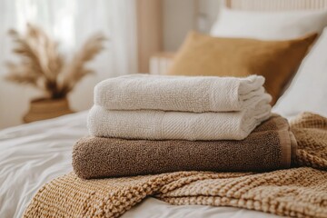 Stacked towels on a bed (5)
