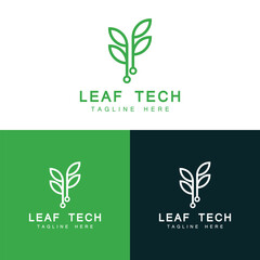 Green tech logo design. leaf with digital data technology design graphic vector illustration
