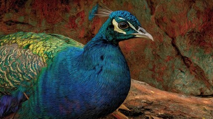 Obraz premium Close-up of a peacock with vibrant plumage against a textured backdrop.