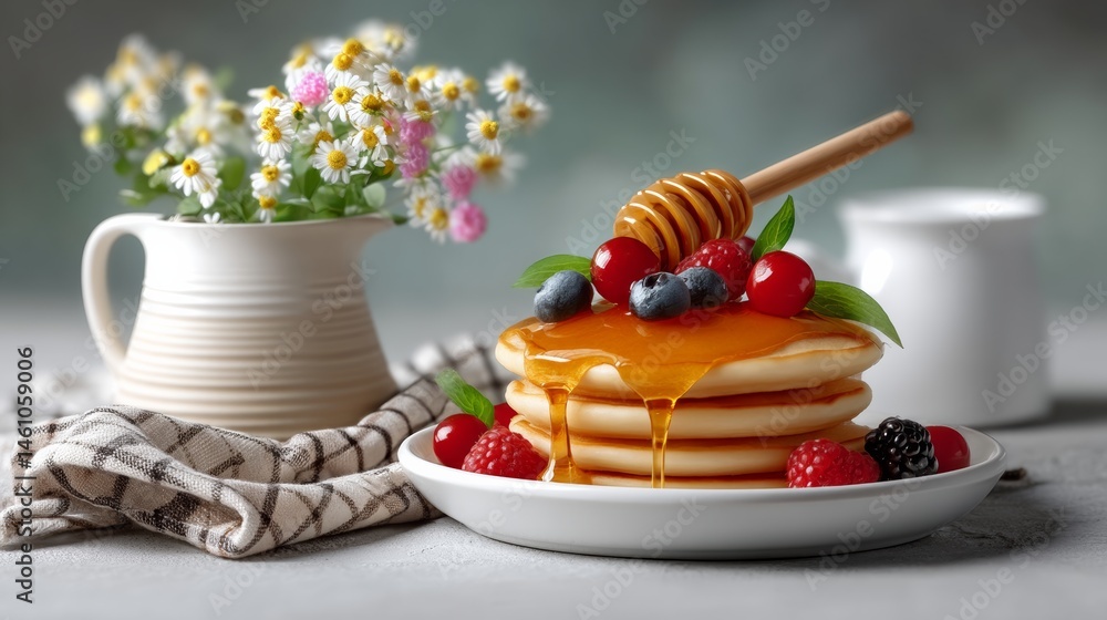 Poster stack of pancakes drizzled with honey and topped with berries. the plate is set on a table with a va