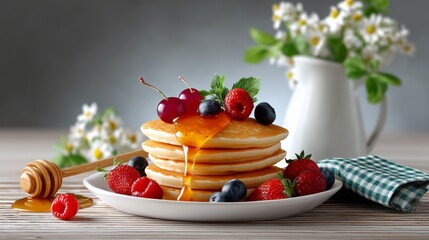 Stack of pancakes with blueberries and strawberries on top, drizzled with honey. The plate is set on a wooden table with a vase of flowers in the background. Concept of warmth and comfort