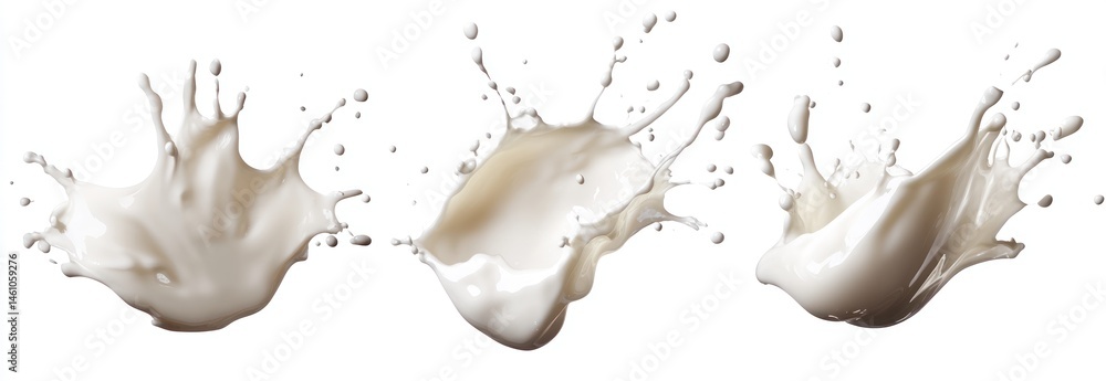 Poster dynamic splashes of white liquid forming artistic shapes on a plain background for creative projects