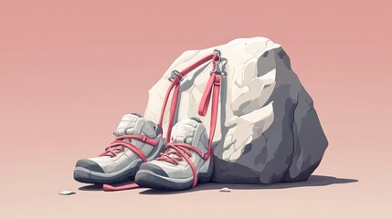 Climbing shoes and rock, outdoor gear, calm scene, illustration