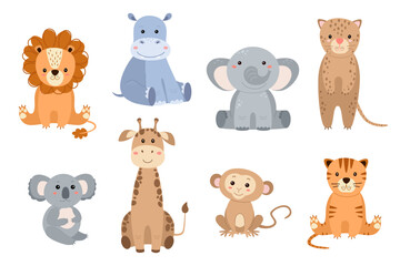 Obraz premium Set of African, jungle, safari animals. Lion, tiger, hippo, elephant, giraffe, cheetah, monkey, koala. Cute characters on white background. Vector.