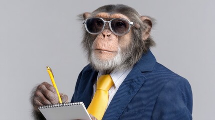 Monkey wearing a suit and sunglasses is writing in a notebook. Concept of humor and playfulness, as the monkey is dressed in a formal outfit and using a pen to write