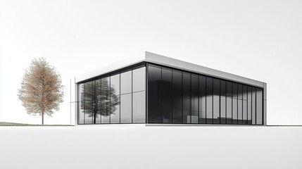 A sleek modern office building with a reflective glass facade, its clean lines and geometric design standing out crisply against a white background