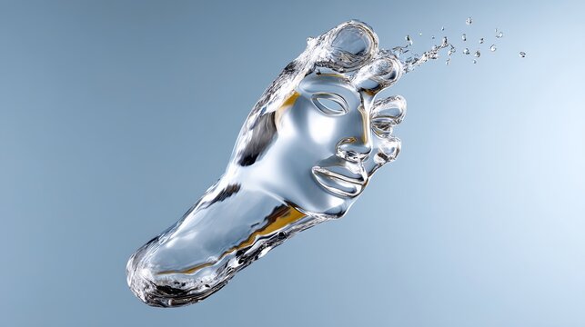 Clear, watery foot with a face on it. The face is distorted and the foot is floating in the air