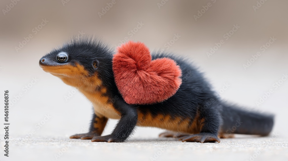 Poster small lizard with a red heart on its back. the heart is made of fur and is placed on the lizard's ba