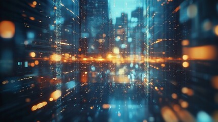 Obraz premium A sleek urban background with skyscraper reflections on glass panels, motion blur of city life, and glowing bokeh lights creating a futuristic real estate vision 