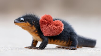 Small lizard with a red heart on its back. The heart is made of fur and is placed on the lizard's back. The lizard is standing on a concrete surface