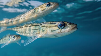 Fototapeta premium Three striped mullet fish swim together in the clear blue ocean water. Showcase marine wildlife, conservation, or underwater ecosystem studies.