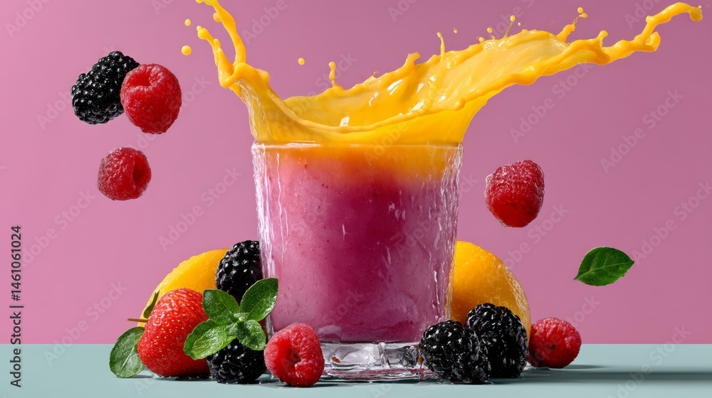 Poster glass of fruit juice with a splash of raspberry and blackberry. the juice is a mix of orange and ras