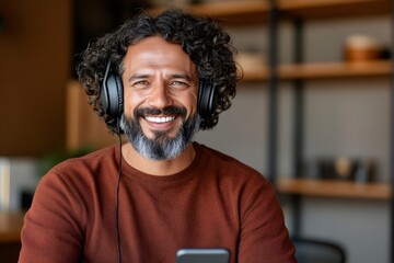 Happy businessman listening to music with headphones and holding smartphone