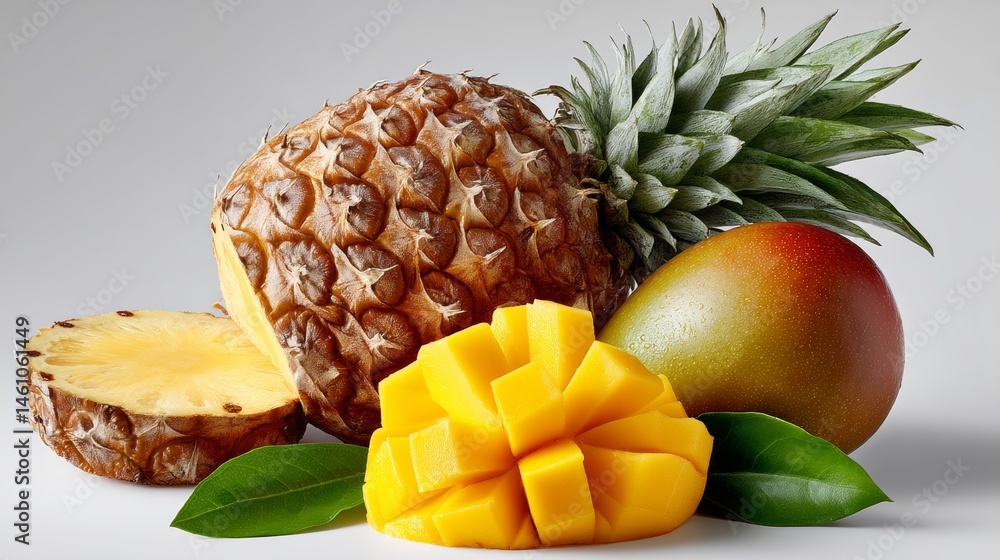 Poster pineapple and a mango are displayed on a white background. the pineapple is cut in half and the mang