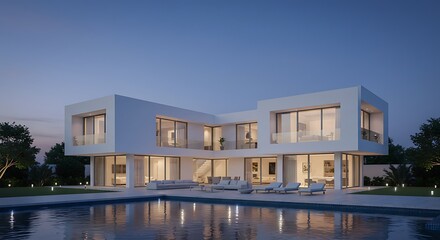 Fototapeta premium Modern luxury villa minimalist architecture with white cubic structure