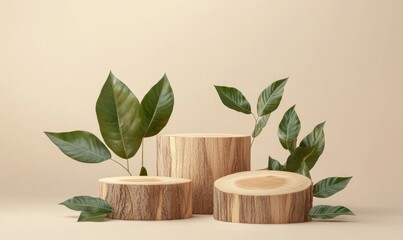 Wooden podiums with foliage
