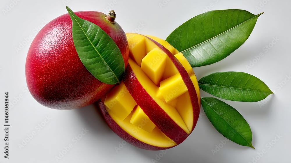 Poster slice of mango with a leaf on top. the mango is cut in half and the leaf is on top of it