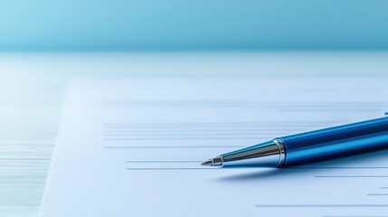 A blue ballpoint pen rests on a document with lines, suggesting signing a contract, writing notes, or filling out a form against a soft blue backdrop and surface.