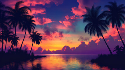 Obraz premium stunning tropical island paradise featuring palm silhouettes against vibrant sunset sky filled with pink, purple, and orange hues reflecting on calm waters