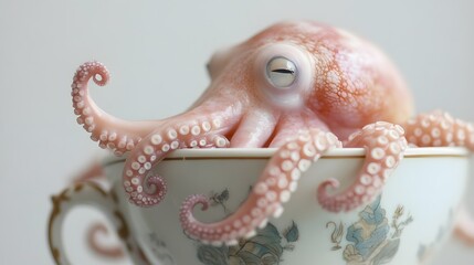 Octopus peeking out of a porcelain teacup in a pastel world of whimsical soft light and gentle tones