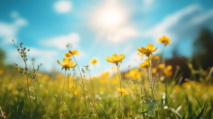 Obraz premium Bright yellow wildflowers bloom in sunny summer meadow, creating cheerful and vibrant atmosphere. sunlight enhances beauty of flowers, making scene feel warm and inviting