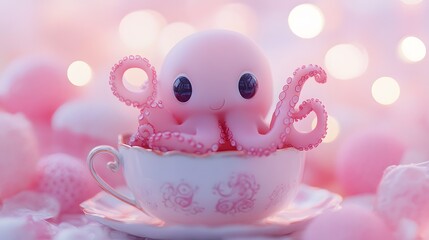 Playful and cute octopus inside a porcelain teacup, surrounded by soft pastel lighting and colors