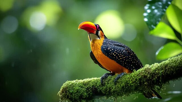 Bird is perched on a branch in the rain. The bird is drinking water from a stream
